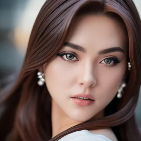 masterpiece, best quality,femalefigurine, intricate details, solo, one lady is center of frame,front view, close-up face, sun_set background, small size head ratio, white T_shirt, sunken hairs, large rounded earrings, Look at viewer, bang hairs, <lora:femaleFigurines_v05:1>