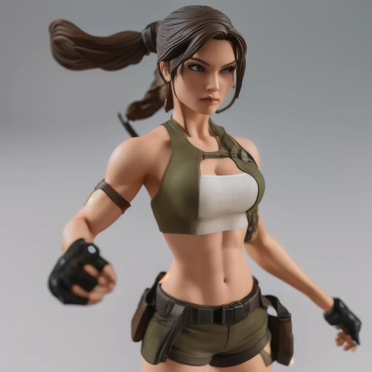 femalefigurine, lara croft wearing a green tank top and shorts, brown ponytail, midriff, action pose, solo, depth of field, 1girl, flawless, RAW, focus on shoulder, (((plain background))), high detail, insane detail <lora:FemaleFigurine_v3:1>