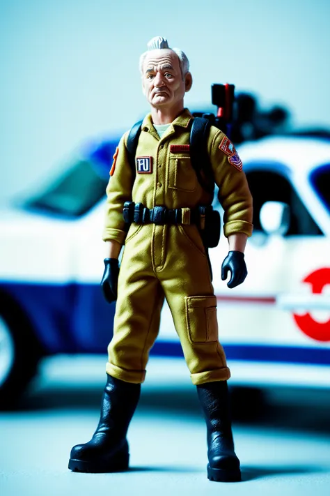 femalefigurine, (bill murray:1.1) as ghostbuster, standing next to (ghostbusters car), action shot, solo, (1boy:1.3), (male model:1.3), man, male, dynamic pose, flawless, RAW, focus on shoulder, medium close up, shoulders up, plain background, model photograph, on display, high detail, insane detail, (standing on base:1.3), (boots:1.3), <lora:FemaleFigurine_v1:1> background is cupboard, depth of field