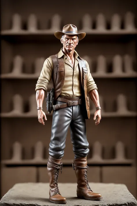 femalefigurine, henry ford as indiana jones, action shot, solo, (1boy:1.3), (male model:1.3), man, male, dynamic pose, flawless, RAW, focus on shoulder, medium close up, shoulders up, plain background, model photograph, on display, high detail, insane detail, (standing on base:1.3), (boots:1.3), <lora:FemaleFigurine_v1:1> background is cupboard, depth of field