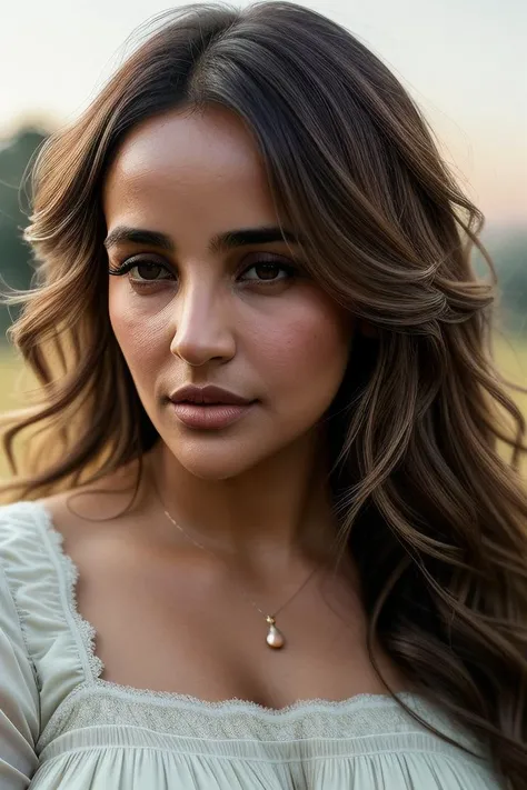 beautiful woman (Aish45h4rm4:.99), beautiful hair, elegant, ((portrait)), (closeup:1.1), ((from the waist up)), (sunlit enviroment:1.2), ((medieval village)) (rolling hills in background), (at noon, no clouds:1.5) hair blowing in wind, wind lift, natural skin texture, ((modest victorian dress with (high neckline:1.1):1.2)) (1850s dress style), 24mm, 4k textures, soft cinematic light, adobe lightroom, photolab, hdr, intricate, elegant, highly detailed, sharp focus, ((((cinematic look)))), soothing tones, insane details, intricate details, hyperdetailed, low contrast, soft cinematic light, exposure blend, hdr, faded,
