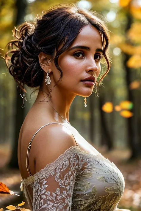 beautiful woman (Aish45h4rm4:.99), beautiful hair, elegant, (hair in top hair bun:1.1), ((portrait)), (closeup:1.1), ((from the waist up)), (falling leaves:1.2), ((autumn forest)) (foggy background), natural skin texture, ((fashion model)), ((wearing a Square Neck dress with keyhole neckline:1.2)), 24mm, 4k textures, soft cinematic light, adobe lightroom, photolab, hdr, intricate, elegant, highly detailed, sharp focus, ((((cinematic look)))), soothing tones, insane details, intricate details, hyperdetailed, low contrast, soft cinematic light, exposure blend, hdr, faded,