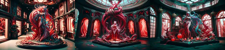 A pale beauty sits demurely on a shiny black tile floor, surrounded by suited gentlemen. Her beige hair falls in soft waves around her heart-shaped face. A cream-colored blouse hangs loose, its folds spilling over her knees like a gentle waterfall. Dark red latex stockings and gloves stretch taut against her legs, the reflective sheen drawing attention to her slender frame. Black stilettos elongate her legs, making her appear statuesque. The men standing around her wear elegant red dress shoes, their eyes fixed on her as she sits serenely, her stuffed legs a subtle nod to her vulnerability.