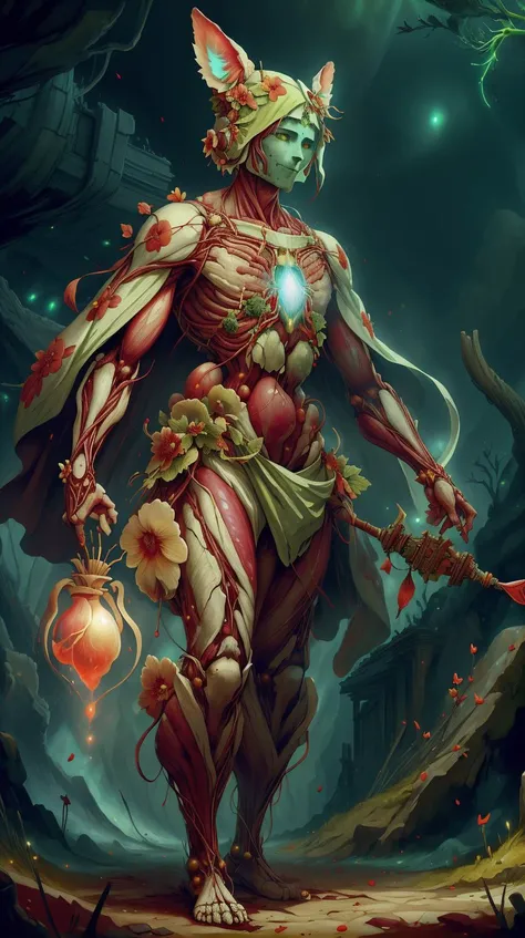VascularTech scifi inner glow bones <lora:VascularTech-20:1> (Style-SwampMagic:0.8), solo, upper body, looking away, detailed background, detailed face, (<lora:TotemPunkAI:0.5>, totempunkai theme:1.1), flower mage, happy, nature themed embroidered green druid robes, ivy-clad cape, magical floral necklace, 20%wielding blossoming scepter of verdant growth, (green color scheme:1.1), summoning plant aura, enchanted organic patterns, gracefully weaving flowers, botanical secrets,,sparkling petals orchids,,poppies gentle breeze, bioluminescence, ethereal atmosphere, **(animal ears, destruction, explosion, fire:1.2),**, (Masterpiece:1.3) (best quality:1.2) (high quality:1.1)