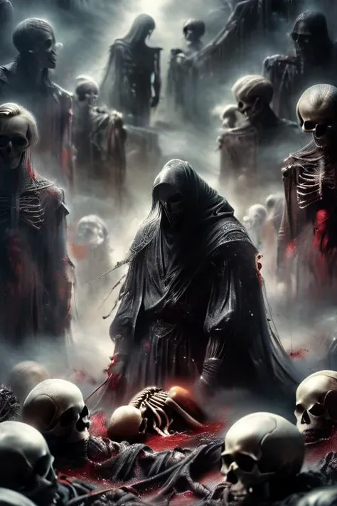 Dark, By HR Giger, amazing quality, masterpiece, UHD, perfect anatomy, hyper-realism, Battered skeletal warrior standing over a pile of corpses, blood red moon, , cinematic composition, soft shadows, atmospheric haze, photorealistic, high detailed texture, 8k uhd, dslr, soft lighting, Film grain, cinematic film still, shallow depth of field, high budget, cinemascope, gorgeous, 2000s vintage RAW photo, candid camera, color graded cinematic, eye catchlights, atmospheric lighting, imperfections, natural, <lora:CircuitryTechXL:0.25> <lora:MO-80-2:1> <lora:Arcane:0.4> <lora:bonex:0.35> bonex, bone, skeleton <lora:dark_fantasy_art:.03> dark fantasy