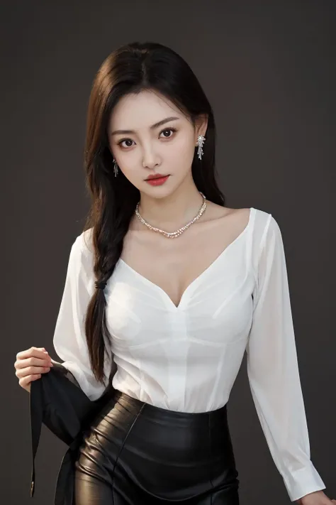 masterpiece, best quality, 1girl, (cowboy shot: 1,4), business suit, dark background, earrings, necklace, parted lips, pantyhose, simple background, pencil skirt,
<lora:jjy_v2-000008:0.65>