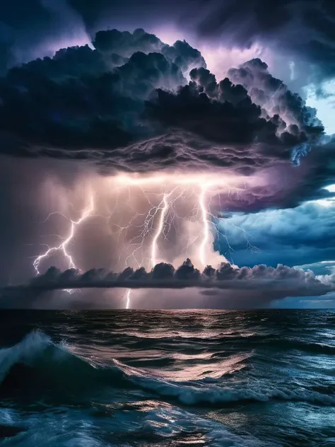 A dynamic photo of a thunderstorm over the ocean, with towering dark clouds and a single, powerful bolt of lightning illuminating the water, capturing the raw power and unpredictability of nature.,