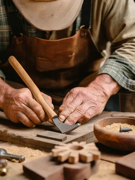 A detailed photo of a craftsman's hands at work, focusing on the tools and materials, capturing the skill, precision, and dedication behind traditional craftsmanship.,