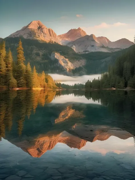 A photo of a mirror-like lake at dawn, perfectly reflecting the surrounding mountains and the sky painted with the soft colors of sunrise, creating a symmetrical, tranquil scene that blurs the line between reality and reflection.,