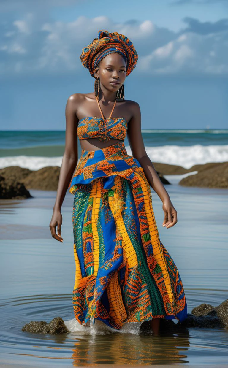 A young Senegalese woman on the shores of Dakar, her dress a dazzling display of traditional wax print fabric, her hair styled in elaborate braids, with brightly painted pirogues floating on the clear waters behind her
Break, highres, 8k, RAW,natural skin,detailed skin,pale skin,best quality,masterpiece,