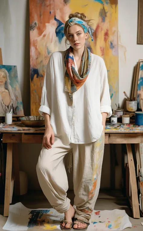 A bohemian artist in their eclectic studio, surrounded by canvases and splashes of paint. They wear a loose-fitting linen shirt, cotton harem pants, and beaded sandals, with a silk scarf in their hair, deeply engrossed in their art.
Break, highres, 8k, RAW,natural skin,detailed skin,pale skin,best quality,masterpiece,