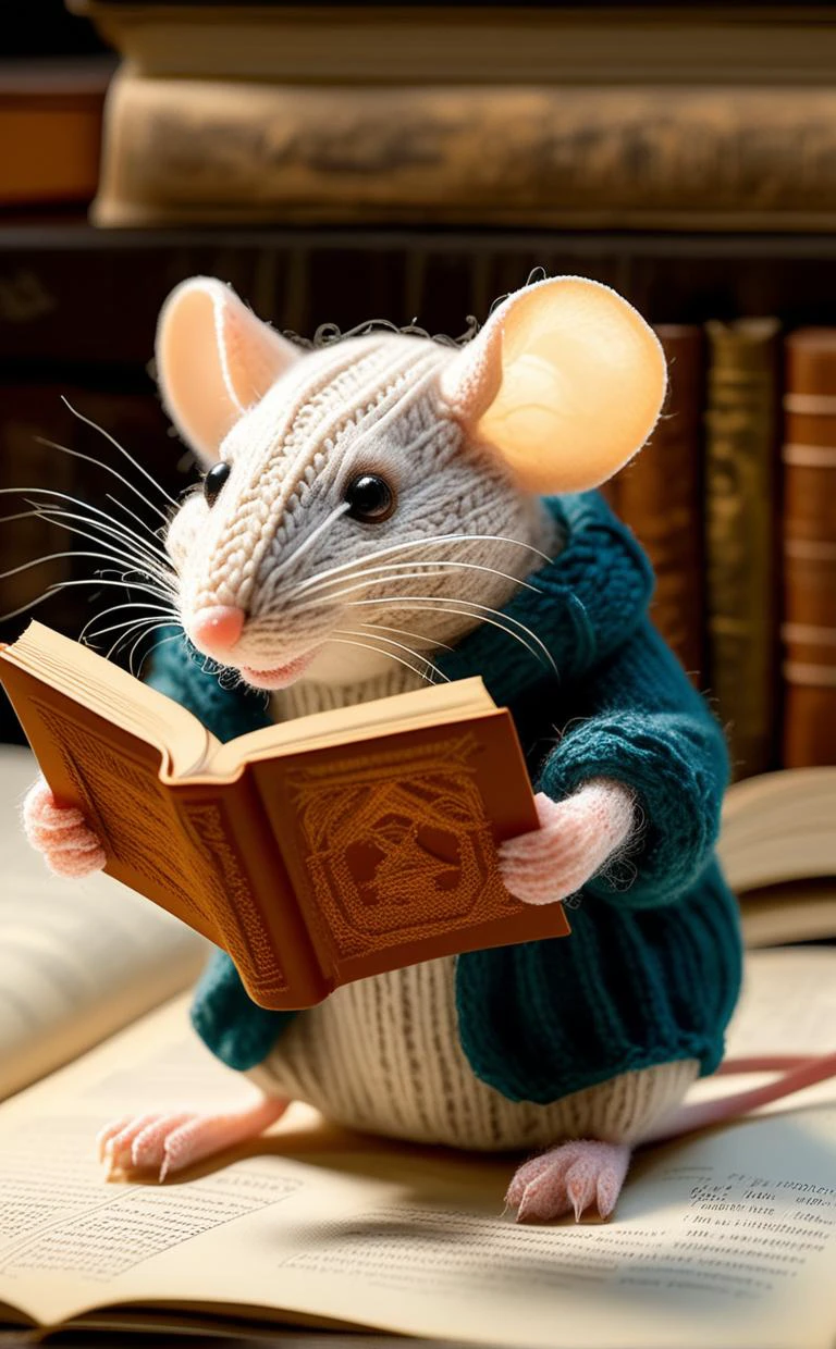A tiny mouse wearing a hand-knitted sweater, reading a book by candlelight in a grand library, hyper-realistic
Break, highres, 8k, RAW,natural skin,detailed skin,pale skin,best quality,masterpiece,