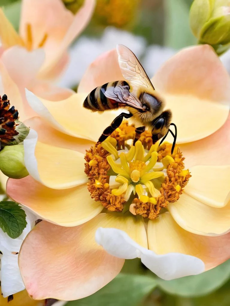 A macro photo of a bee pollinating a flower, with exquisite detail on the bee's wings and the flower's petals, highlighting the essential role of pollinators in our ecosystem.,