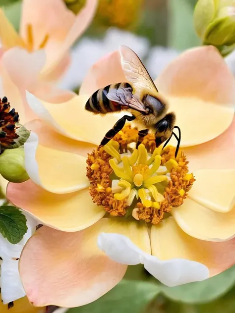 A macro photo of a bee pollinating a flower, with exquisite detail on the bee's wings and the flower's petals, highlighting the essential role of pollinators in our ecosystem.,
