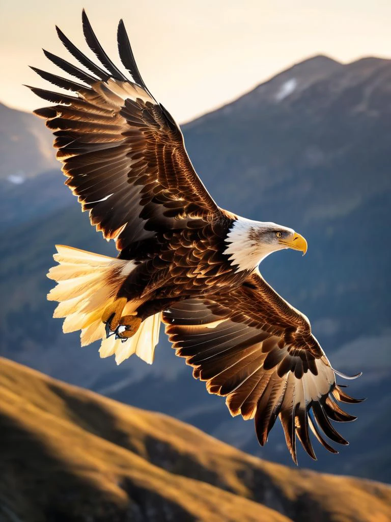 A high-resolution photo of a majestic eagle in mid-flight over a rugged mountain landscape, capturing the intricate details of its feathers and the sharp focus in its eyes, with the golden hour light casting a warm glow on the scene.,