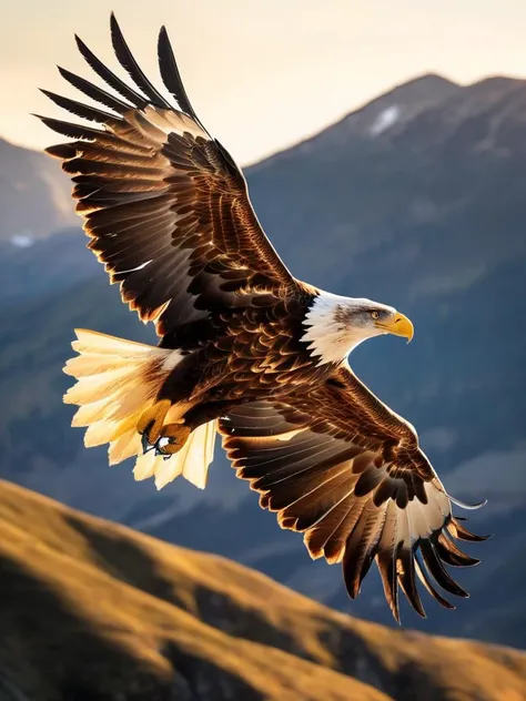 A high-resolution photo of a majestic eagle in mid-flight over a rugged mountain landscape, capturing the intricate details of its feathers and the sharp focus in its eyes, with the golden hour light casting a warm glow on the scene.,