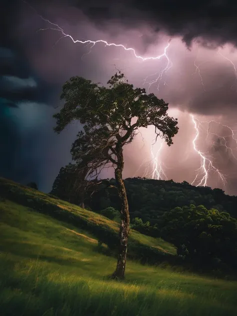 A photo capturing the dramatic moment a lightning bolt strikes a solitary tree on a hill during a storm, with dark, ominous clouds and the contrast of the electric light illuminating the scene.,