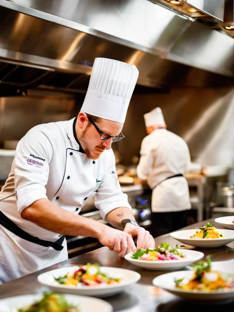 A photo of a chef in a busy kitchen, captured in a moment of concentration as they plate a dish, highlighting the artistry and precision of their work, with the vibrant colors of the food standing out.,