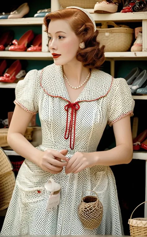 A vintage lover browsing an antique market, clad in a 1950s polka-dot dress, a delicate pearl necklace, and red Mary Jane shoes. Their retro style is accented by a classic red lip, and they carry a woven basket, with rows of vintage treasures and trinkets behind them.
Break, highres, 8k, RAW,natural skin,detailed skin,pale skin,best quality,masterpiece,
 <lora:CinEro-Anatomy-LoRa-XL_v1.1:1>