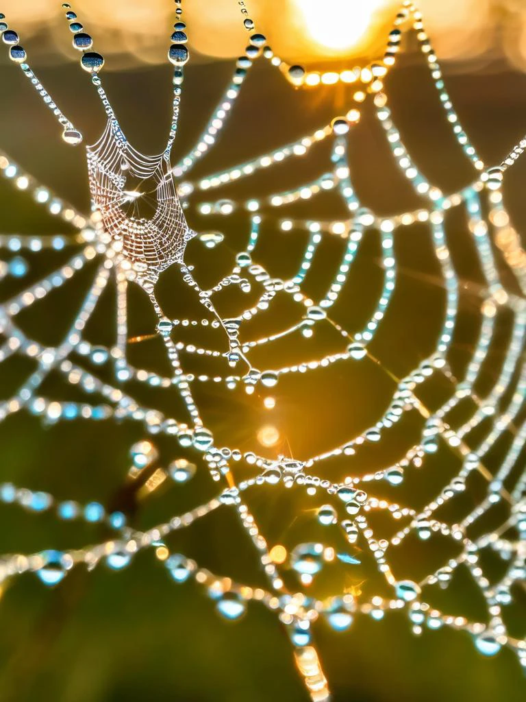 A macro photo of dewdrops on a spiderweb at dawn, each droplet reflecting the first light of sunrise, emphasizing the delicate balance and intricate beauty of nature.,