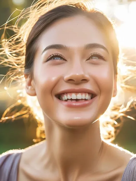 A high-resolution photo capturing the raw emotion of a person's face as they experience joy, with sun rays gently illuminating their features, highlighting the depth of their smile and the sparkle in their eyes.,