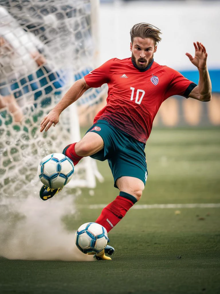 A dynamic sports photo capturing the peak action of a soccer player mid-air, about to strike the ball, with frozen motion that emphasizes the intensity, concentration, and athletic prowess of the moment.,