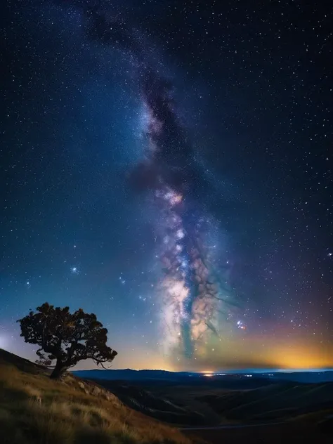 A nighttime photo of the Milky Way arching over a silhouetted landscape, with clear, star-studded skies revealing the vastness of the universe and the beauty of the cosmic view.,