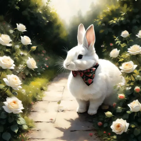 professional painting by Alayna Lemmer of a rabbit walking through a roses garden. The rabbit is wearing a small silk bowtie. Smooth focus on the rabbit, dynamic pose, dynamic background, dynamic composition, dynamic lighting, realistic proportions, intricate details, 16k resolution, hdr, raytracing.