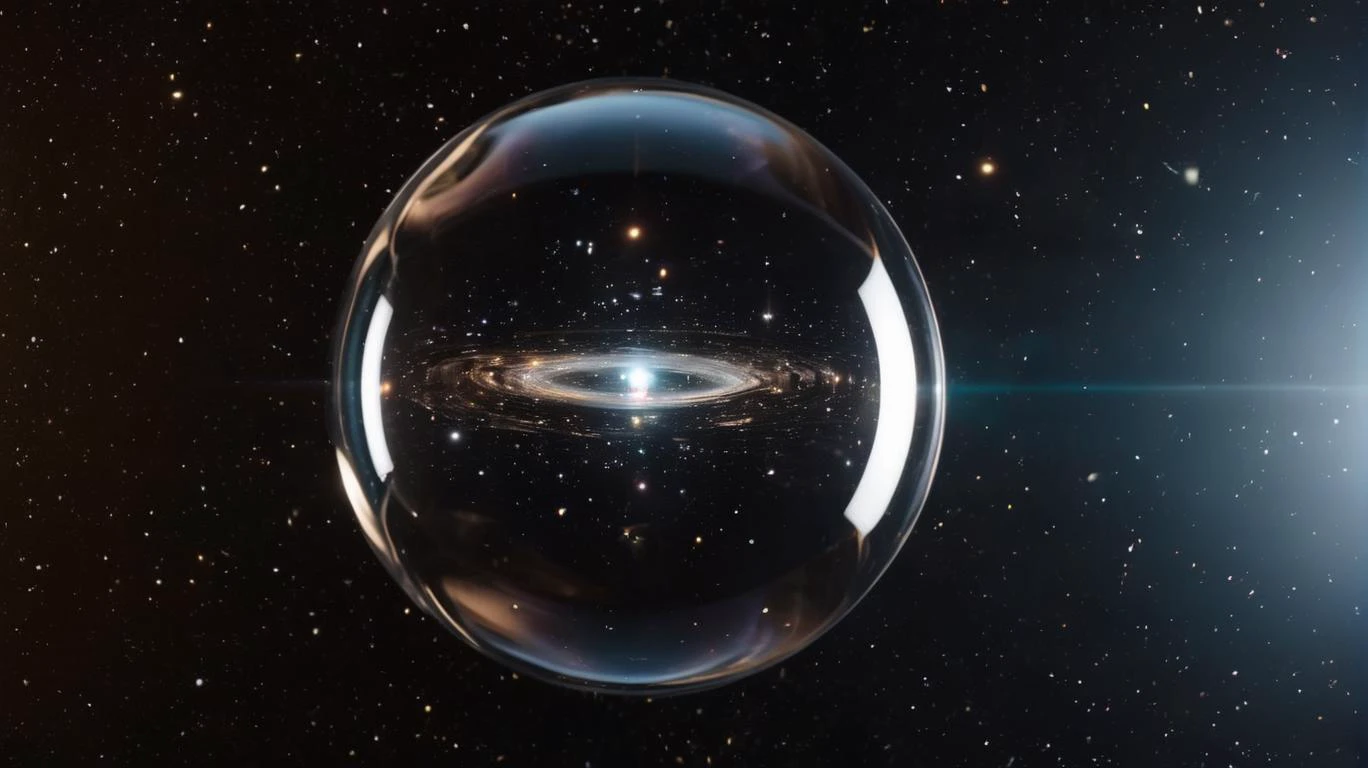 A photo of a transparent water sphere in space orbiting a star, background magnified through the sphere, dark space,, RAW photo, 4k, masterpiece, best quality, photorealistic, hires,<lora:epi_noiseoffset2:0.5>