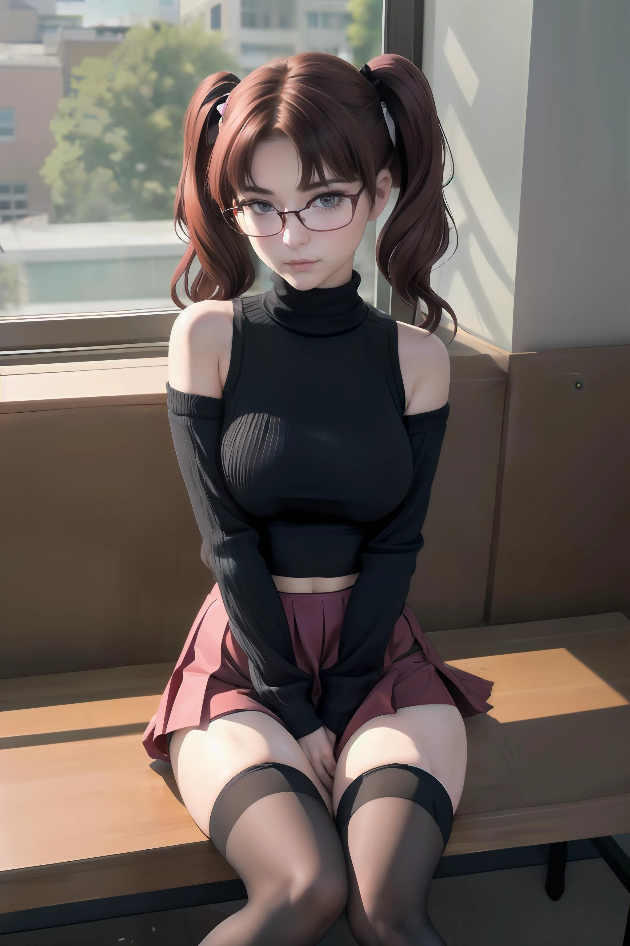 masterpiece, 8k resolution, supreme quality, extraordinary creation, unparalleled craftsmanship, 1girl, tohsaka rin, glasses, blushing, embarrassed, thighhighs, <lora:Thinlegs:0.5>, thin legs, narrow hips, neck sweater, pleated miniskirt, exposed shoulders, exposed arms arms, sitting down, twintails, <lora:PerfectFullBreasts-fCV3.5:1>, breasts, <lora:skirt_tug_v0.1:0.5>, skirt tug