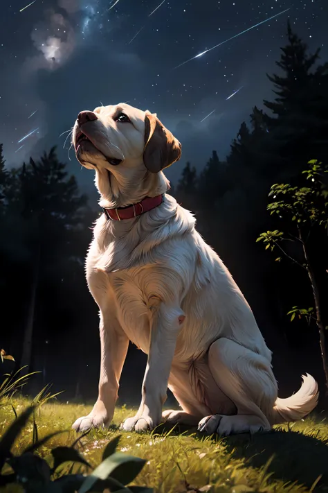 masterpiece, 8k resolution, supreme quality, extraordinary creation, unparalleled craftsmanship, in the middle of a misty forest at night, a labrador dog facing to the side looking at the sky watching a bright shooting star