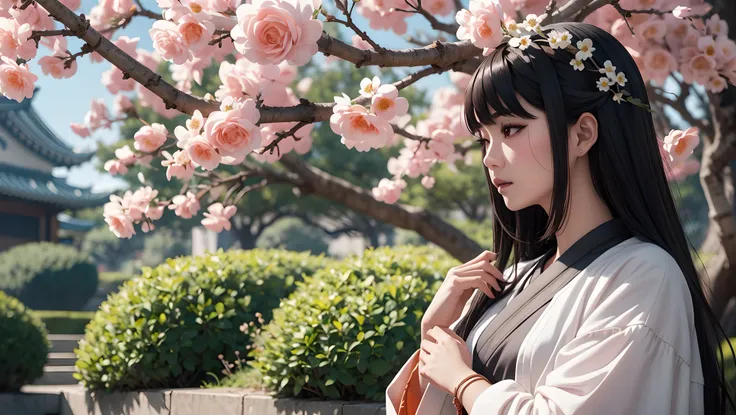 a woman standing under a tree with flowers in her hair, artwork in the style of guweiz, korean mmo, detailed anime soft face, popular south korean makeup, still from anime, high details on clothes, popular korean makeup, as samurai, soft blush