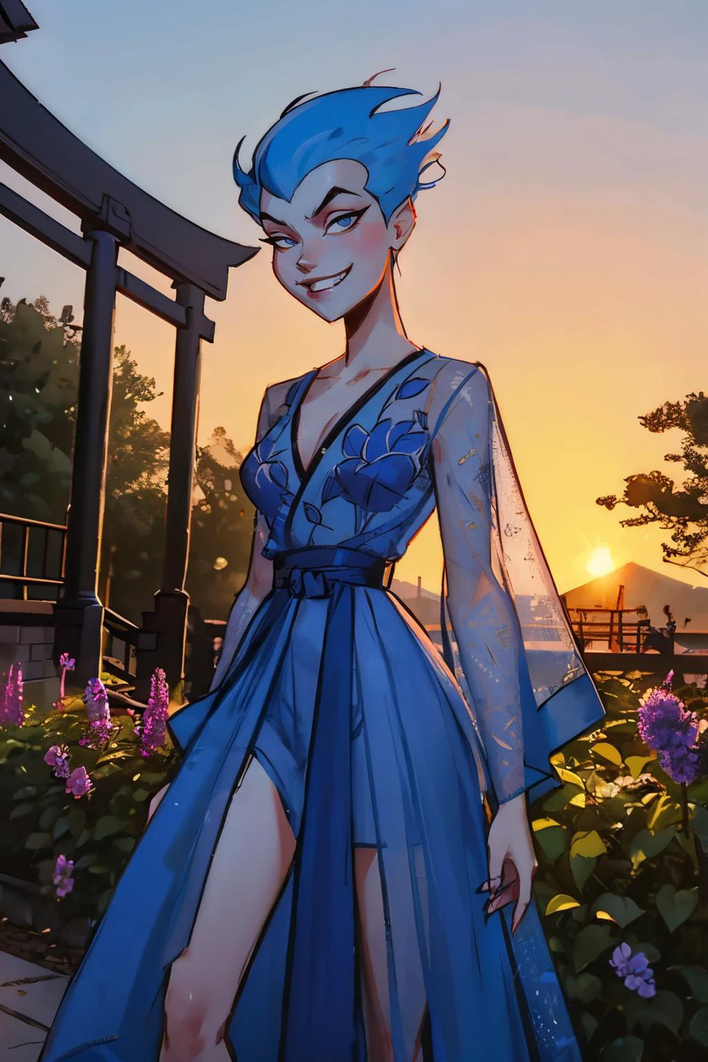 jyojifuku, hair ornament, skirt, flower,blue attire, see-through,<lora:china dress v1.0:.5>
livewire, blue eyes, short blue hair,looking at viewer, serious, evil grin, standing, outside, garden, red torii, dusk, sunset, high quality, masterpiece, <lora:LivewireAS:.7>