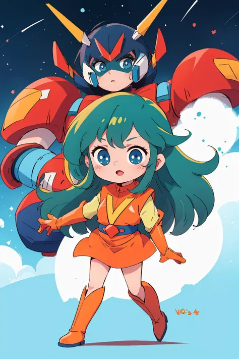 ((masterpiece)), (best quality), vivid color,
chizuru, green hair, long hair, blue eyes, red clothe, orange boots, yellow sleeves,
outdoors, full body, (chibi:1.3), science fiction background, space background, galaxy, voltes v \(mecha\),
<lora:chizuruV1:0.7>,