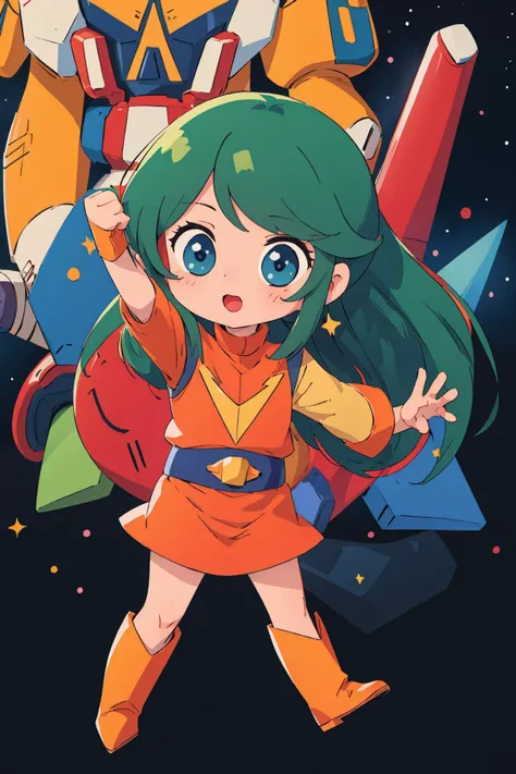 ((masterpiece)), (best quality), vivid color,
chizuru, green hair, long hair, blue eyes, red clothe, orange boots, yellow sleeves,
outdoors, full body, (chibi:1.3), science fiction background, space background, galaxy, voltes v \(mecha\),
<lora:chizuruV1:0.7>,