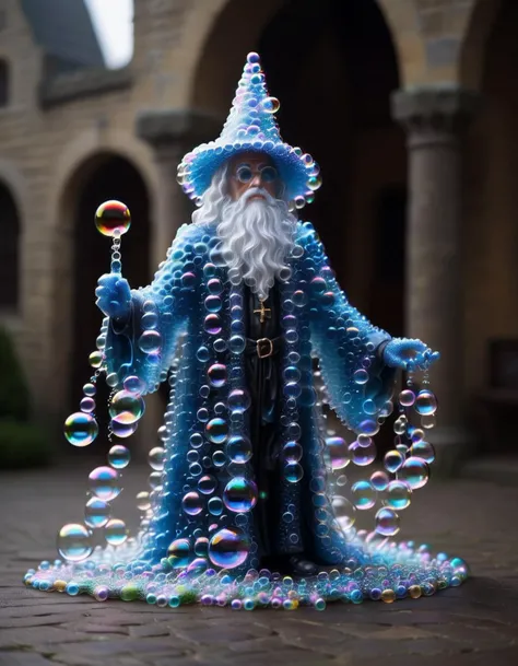 Wizard made out of soap bubbles, A wizard made out of soap bubbles casting spells on a castle. Magical realism.