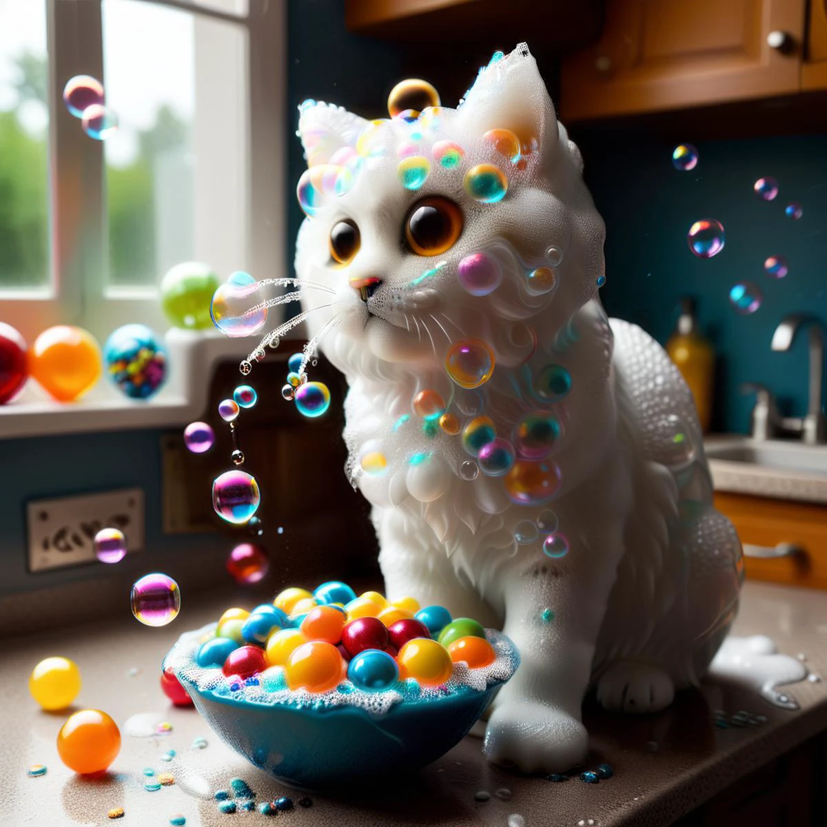 made of bath foam and soap bubbles, photograph capturing a funny elegant little cat|lion hybrid playing with bubles eating M&M out of a bowl, with sharp focus, vibrant colors, strong film grain, cinematic lighting, dream, on the kitchen table near the sink, sunny, butterfly, funny, cute render, octane render,, <lora:sdxl_lora_dream:0.5>, <lora:Aether_Bubbles_And_Foam_v1_SDXL_LoRA:1>, <lora:add-detail-xl:2>