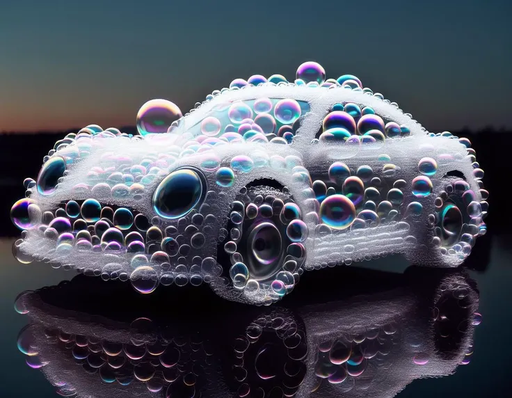volco car made of soap bubbles, action footage on a road driving fast at night <lora:Aether_Bubbles__Foam_v1_SDXL_LoRA:1>