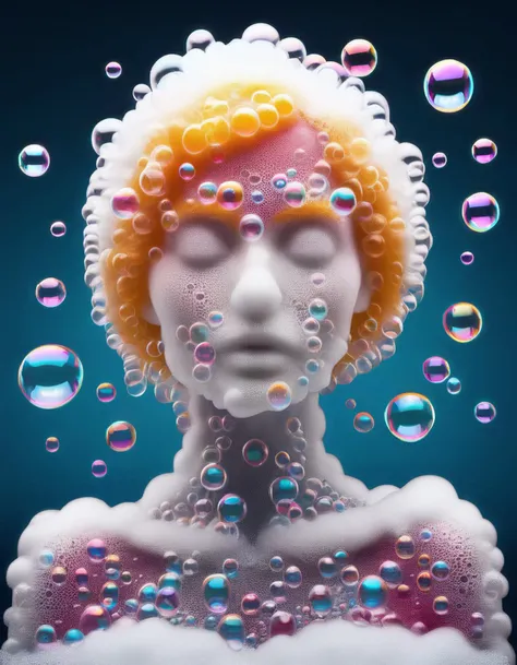 a beautiful woman made of soap bubbles and bath foam, black background