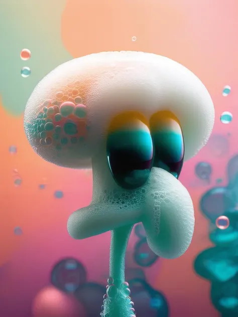 made of bath foam and soap bubbles, photograph capturing squidward tentacles, with sharp focus, vibrant colors, tricolor Gradient Background, strong film grain, cinematic lighting, <lora:Aether_Bubbles_And_Foam_v1_SDXL_LoRA:0.9>