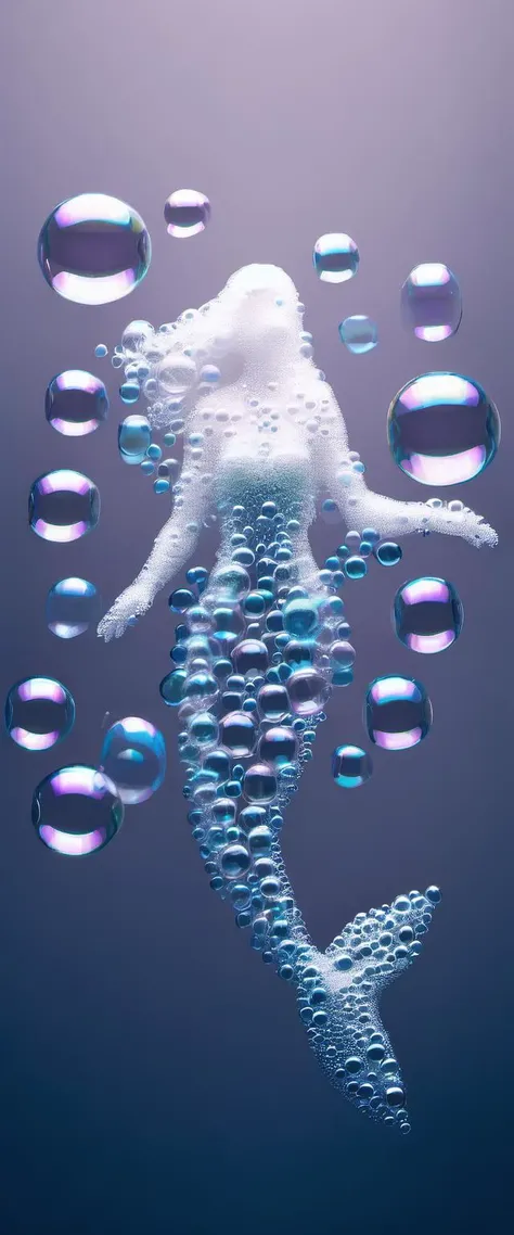 a mermaid made of soap bubbles floating, blue background <lora:Aether_Bubbles_And_Foam_v1_SDXL_LoRA:1.3>