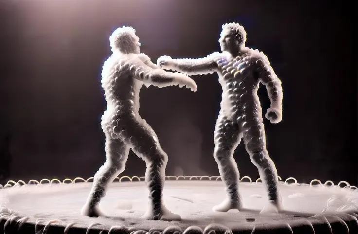 closed shot, a male professional wrestlers made of soap bubbles and bath foam are fighting on a ring of a professional wrestling arena, <lora:Aether_Bubbles_And_Foam_v1_SDXL_LoRA:1.35>