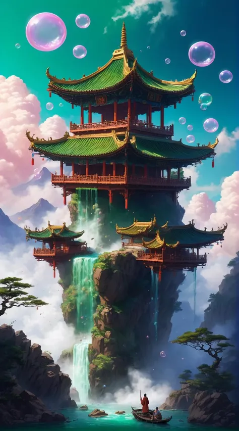 Mountain ups and downs,Qionglou Yuyu one after another,some suspended in the air,some located on the mountain peak,all steaming out of a piece of auspicious clouds. Along the way,the divine spring gurgled,white fog filled the air,and colorful clouds moved. There were even divine mountains that did not rise from the ground but hung in the void. Green and vibrant,immortal qi curled up from them,and golden waterfalls fell down.,<lora:Aether_Bubbles_And_Foam_v1_SDXL_LoRA:0.3>,there are many bubbles floating in the air,