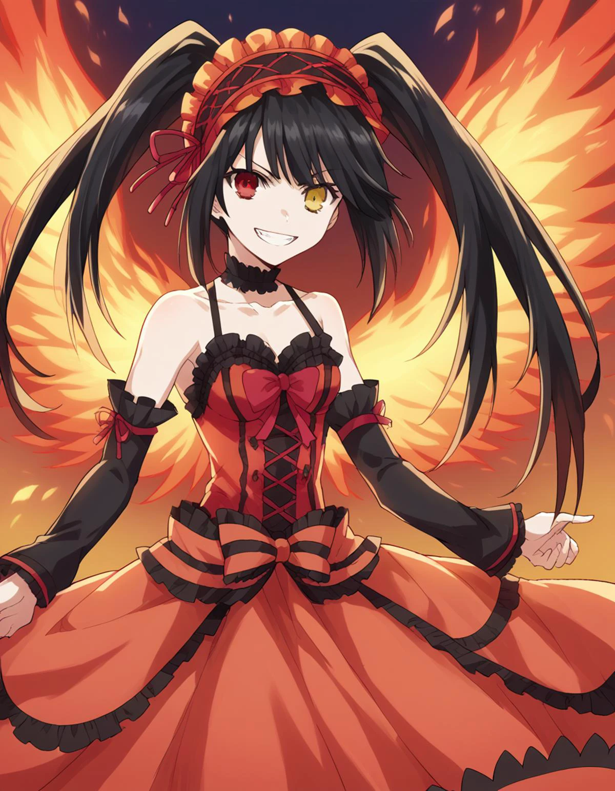 score_9, score_8_up, score_7_up, source_anime,
kurumitokisaki, <lora:kurumi-tokisaki-ponyxl-lora-nochekaiser:1>,
kurumi tokisaki astral dress, long hair, black hair, red eyes, twintails, yellow eyes, hairband, heterochromia, smile, dress, red dress, bare shoulders, collarbone, choker, bowtie, red bowtie, detached sleeves, corset, frills,
grin, <lora:fiery-wings-ponyxl-lora-nochekaiser:1>, fiery wings,
looking at viewer, cowboy shot, dutch angle, solo,