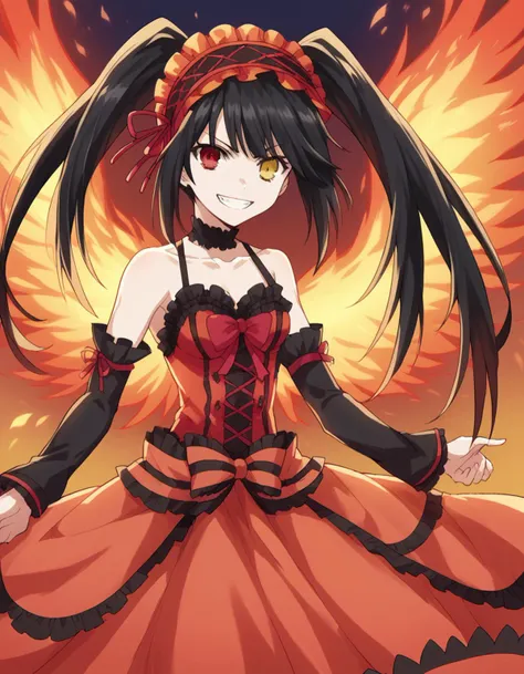 score_9, score_8_up, score_7_up, source_anime, 
kurumitokisaki, <lora:kurumi-tokisaki-ponyxl-lora-nochekaiser:1>, 
kurumi tokisaki astral dress, long hair, black hair, red eyes, twintails, yellow eyes, hairband, heterochromia, smile, dress, red dress, bare shoulders, collarbone, choker, bowtie, red bowtie, detached sleeves, corset, frills, 
grin, <lora:fiery-wings-ponyxl-lora-nochekaiser:1>, fiery wings,
looking at viewer, cowboy shot, dutch angle, solo,