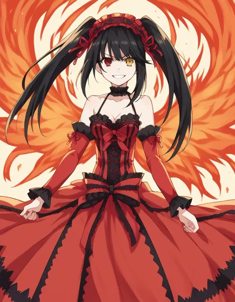 score_9, score_8_up, score_7_up, source_anime, 
kurumitokisaki, <lora:kurumi-tokisaki-ponyxl-lora-nochekaiser:1>, 
kurumi tokisaki astral dress, long hair, black hair, red eyes, twintails, yellow eyes, hairband, heterochromia, smile, dress, red dress, bare shoulders, collarbone, choker, bowtie, red bowtie, detached sleeves, corset, frills, 
grin, <lora:fiery-wings-ponyxl-lora-nochekaiser:1>, fiery wings,
looking at viewer, cowboy shot, dutch angle, solo,