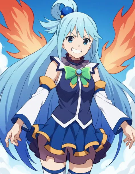 score_9, score_8_up, score_7_up, source_anime,
konosubaaqua, <lora:konosuba-aqua-s2-ponyxl-lora-nochekaiser:1>,
aqua \(konosuba\), long hair, blue eyes, hair ornament, very long hair, blue hair, hair rings, single hair ring, hair bobbles,
skirt, shirt, thighhighs, bare shoulders, detached sleeves, white thighhighs, blue skirt, blue shirt, green bow,
grin, <lora:fiery-wings-ponyxl-lora-nochekaiser:1>, fiery wings,
looking at viewer, cowboy shot, dutch angle, solo,