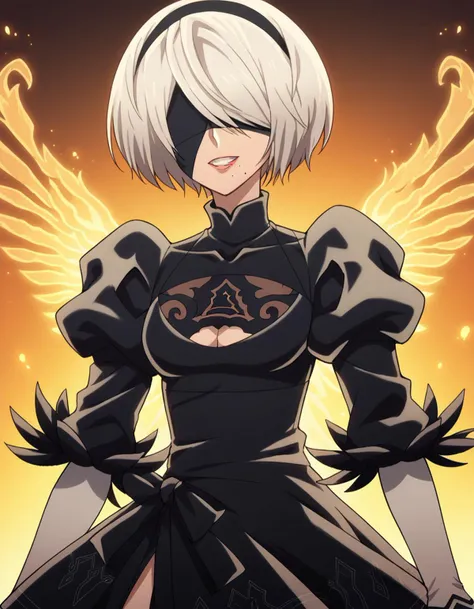 score_9, score_8_up, score_7_up, source_anime,
2b, <lora:2b-s1-ponyxl-lora-nochekaiser:1>,
2b, yorha no. 2 type b, short hair, white hair, hairband, mole, black hairband, mole under mouth, blindfold, covered eyes, black blindfold,
gloves, long sleeves, dress, puffy sleeves, black dress, clothing cutout, cleavage cutout, juliet sleeves, feather-trimmed sleeves,
grin, <lora:fiery-wings-ponyxl-lora-nochekaiser:1>, fiery wings,
looking at viewer, cowboy shot, dutch angle, solo,