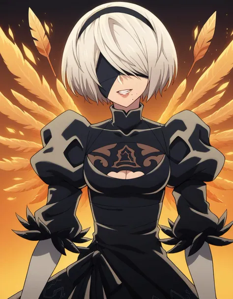 score_9, score_8_up, score_7_up, source_anime,
2b, <lora:2b-s1-ponyxl-lora-nochekaiser:1>,
2b, yorha no. 2 type b, short hair, white hair, hairband, mole, black hairband, mole under mouth, blindfold, covered eyes, black blindfold,
gloves, long sleeves, dress, puffy sleeves, black dress, clothing cutout, cleavage cutout, juliet sleeves, feather-trimmed sleeves,
grin, <lora:fiery-wings-ponyxl-lora-nochekaiser:1>, fiery wings,
looking at viewer, cowboy shot, dutch angle, solo,