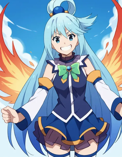 score_9, score_8_up, score_7_up, source_anime,
konosubaaqua, <lora:konosuba-aqua-s2-ponyxl-lora-nochekaiser:1>,
aqua \(konosuba\), long hair, blue eyes, hair ornament, very long hair, blue hair, hair rings, single hair ring, hair bobbles,
skirt, shirt, thighhighs, bare shoulders, detached sleeves, white thighhighs, blue skirt, blue shirt, green bow,
grin, <lora:fiery-wings-ponyxl-lora-nochekaiser:1>, fiery wings,
looking at viewer, cowboy shot, dutch angle, solo,
